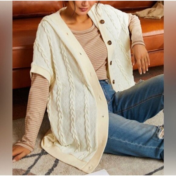 Simple By Suzanne Betro Womens Cable Knit Cardigan Medium Ivory Oversized Hoodie - Picture 15 of 16